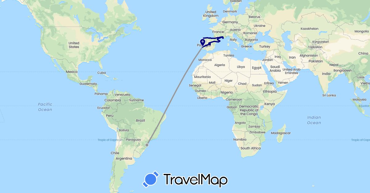 TravelMap itinerary: driving, plane in Andorra, Brazil, Spain, France, Portugal (Europe, South America)
